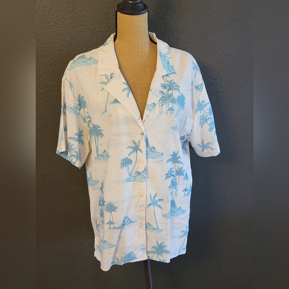 Gianni Bini Dannajo Margaux Linen/Viscose Ivory And Blue Hawaiian Shirt Large